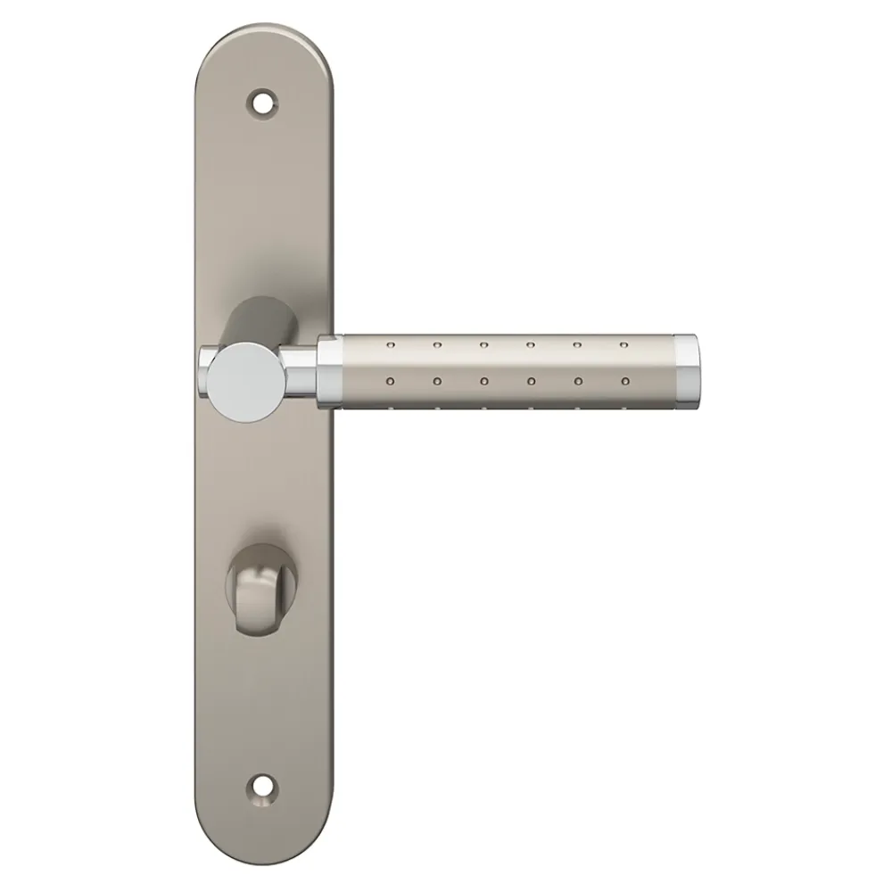 GoodHome Poignée De Porte<Ensemble poignée sur plaque rond à condamnation Brigg effet chrome et nickel satin gris L.132mm x l.40mm entraxe 195mm