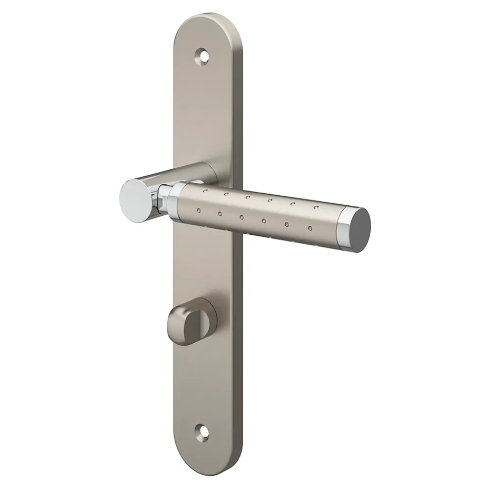 GoodHome Poignée De Porte<Ensemble poignée sur plaque rond à condamnation Brigg effet chrome et nickel satin gris L.132mm x l.40mm entraxe 195mm