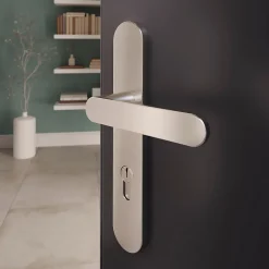 GoodHome Poignée De Porte Extérieure<Ensemble poignée sur plaque rond Minzh effet nickel satin gris L.120mm x l.40mm entraxe 195mm