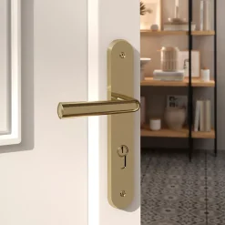 GoodHome Ensemble poignée sur plaque rondcylindre Tudy effet laiton brillant doré L.119mm x l.41mm entraxe 195mm- Poignée De Porte Extérieure