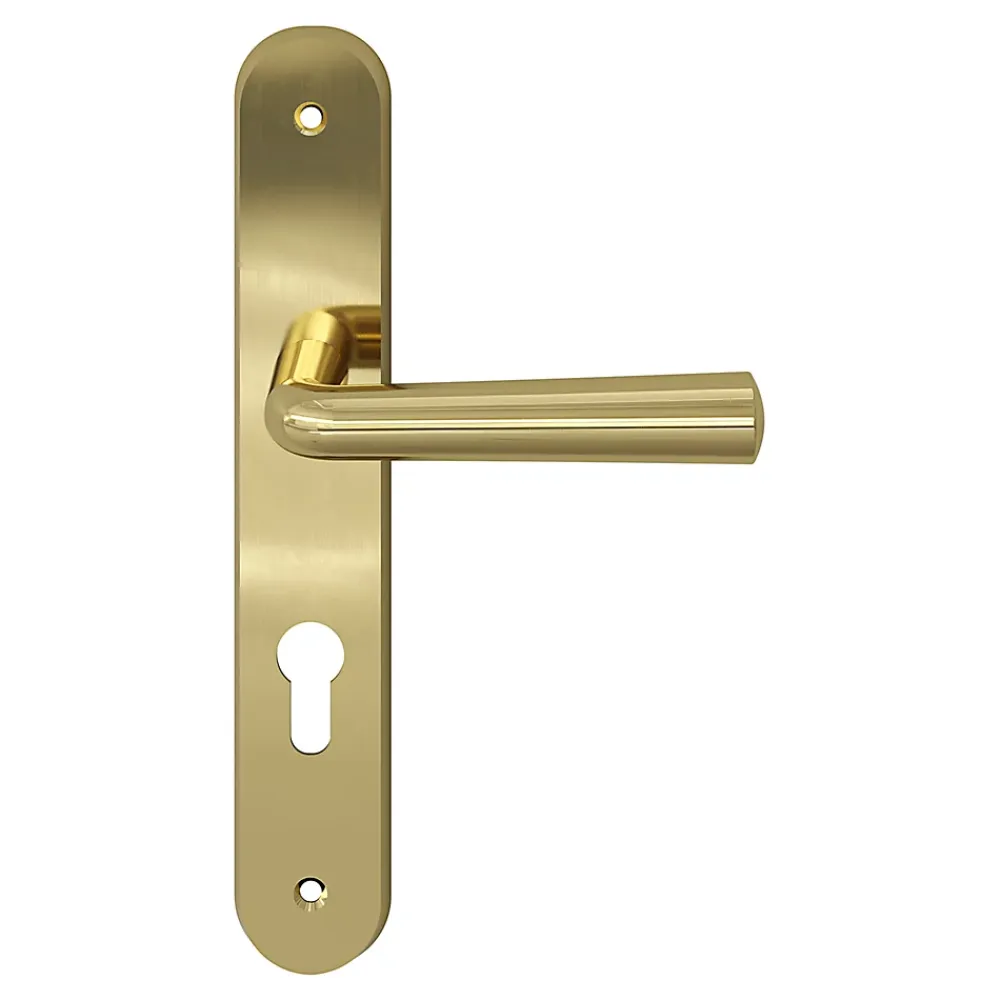 GoodHome Ensemble poignée sur plaque rondcylindre Tudy effet laiton brillant doré L.119mm x l.41mm entraxe 195mm- Poignée De Porte Extérieure