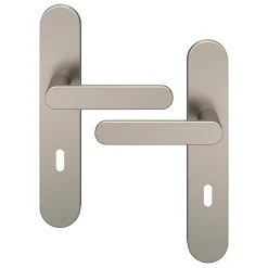 GoodHome Poignée De Porte<Ensemble poignée sur plaque rond serrure Minzh effet nickel satin gris L.120mm x l.42mm entraxe 165-195mm