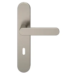 GoodHome Poignée De Porte<Ensemble poignée sur plaque rond serrure Minzh effet nickel satin gris L.120mm x l.42mm entraxe 165-195mm