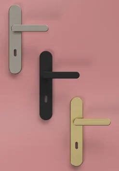 GoodHome Poignée De Porte<Ensemble poignée sur plaque rond serrure Minzh effet nickel satin gris L.120mm x l.42mm entraxe 165-195mm