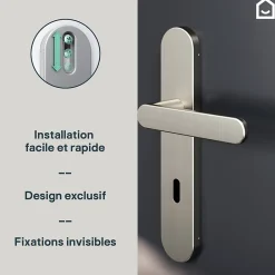 GoodHome Poignée De Porte<Ensemble poignée sur plaque rond serrure Minzh effet nickel satin gris L.120mm x l.42mm entraxe 165-195mm