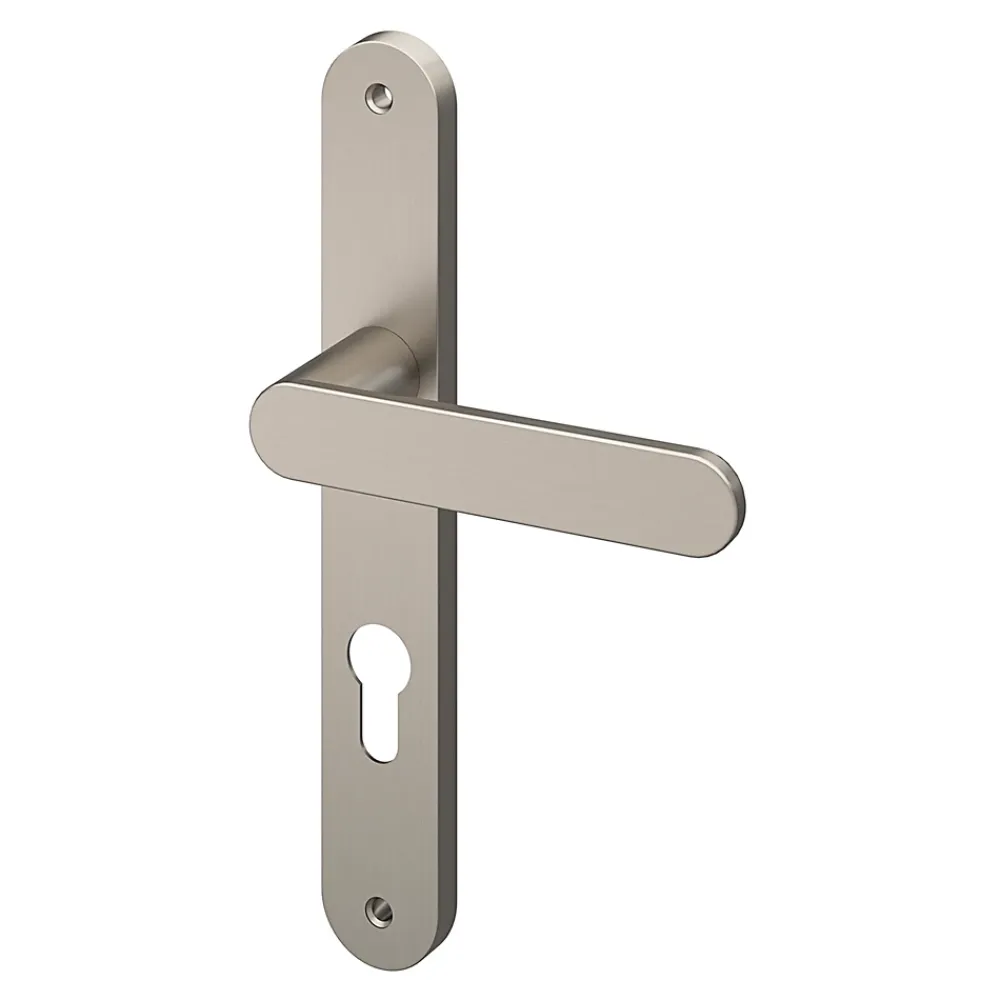 GoodHome Poignée De Porte Extérieure<Ensemble poignée sur plaque rond Minzh effet nickel satin gris L.120mm x l.33mm entraxe 195mm