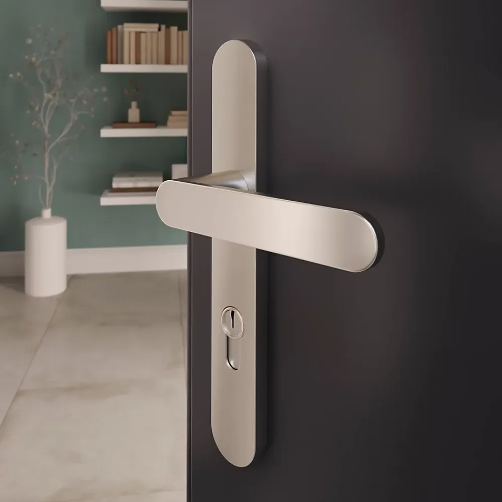 GoodHome Poignée De Porte Extérieure<Ensemble poignée sur plaque rond Minzh effet nickel satin gris L.120mm x l.33mm entraxe 195mm