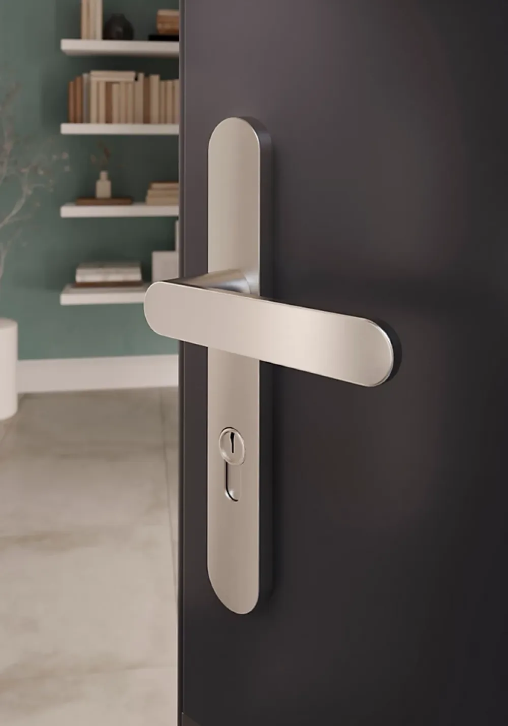 GoodHome Poignée De Porte Extérieure<Ensemble poignée sur plaque rond Minzh effet nickel satin gris L.120mm x l.33mm entraxe 195mm