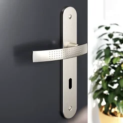 GoodHome Ensemble poignée sur plaque rond serrure Diss effet nickel satin gris L.139mm x l.40mm entraxe 195mm- Poignée De Porte