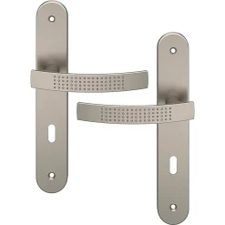 GoodHome Ensemble poignée sur plaque rond serrure Diss effet nickel satin gris L.139mm x l.40mm entraxe 195mm- Poignée De Porte