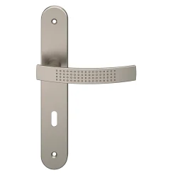 GoodHome Ensemble poignée sur plaque rond serrure Diss effet nickel satin gris L.139mm x l.40mm entraxe 195mm- Poignée De Porte