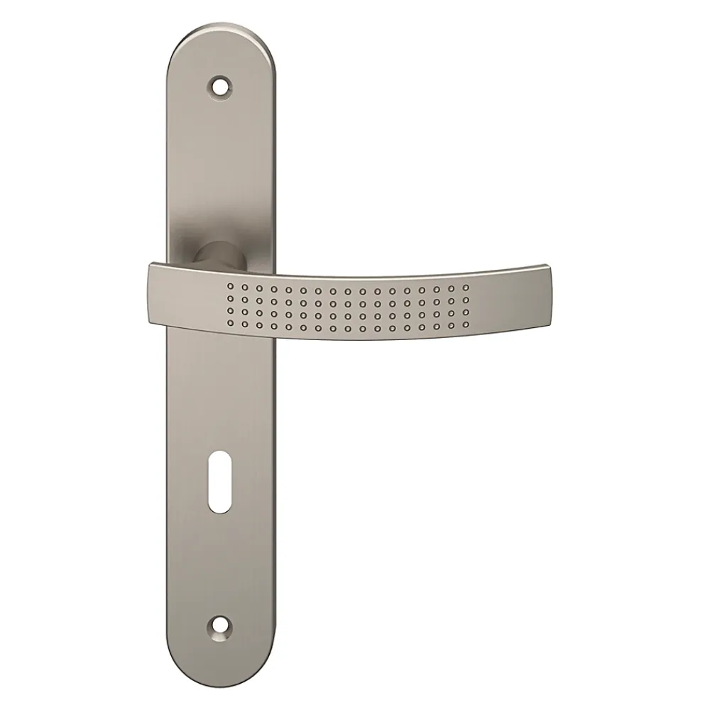 GoodHome Ensemble poignée sur plaque rond serrure Diss effet nickel satin gris L.139mm x l.40mm entraxe 195mm- Poignée De Porte