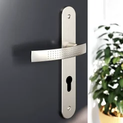 GoodHome Ensemble poignée sur plaque rondcylindre Diss effet nickel satin gris L.139mm x l.40mm entraxe 195mm- Poignée De Porte