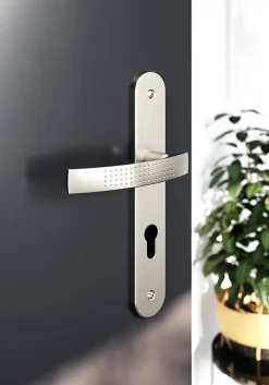 GoodHome Ensemble poignée sur plaque rondcylindre Diss effet nickel satin gris L.139mm x l.40mm entraxe 195mm- Poignée De Porte