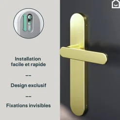 GoodHome Poignée De Porte<Ensemble poignée sur plaque rond Minzh effet laiton satin doré L.120mm x l.42mm entraxe 165-195mm