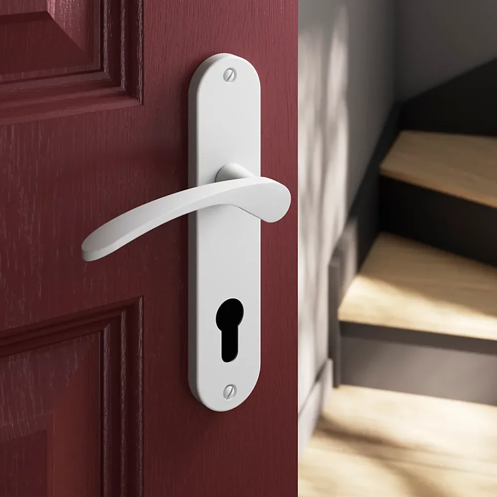 GoodHome Poignée De Porte<Ensemble poignée sur plaque rondcylindre Beare mat blanc L.110.5mm x l.40mm entraxe 165mm