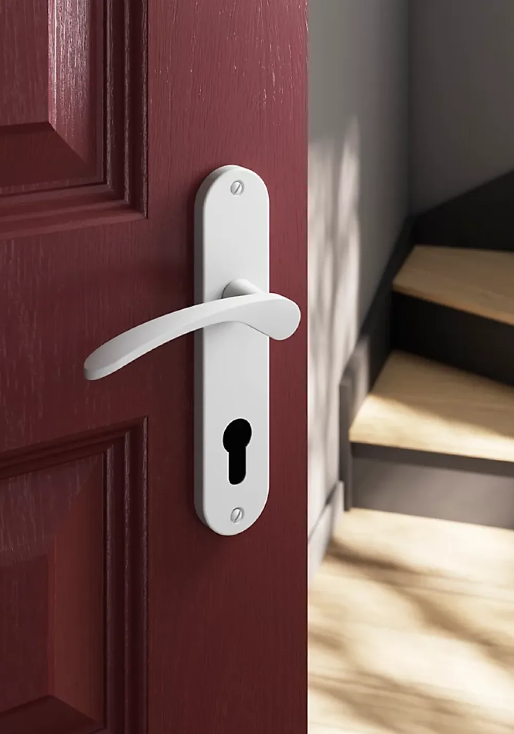GoodHome Poignée De Porte<Ensemble poignée sur plaque rondcylindre Beare mat blanc L.110.5mm x l.40mm entraxe 165mm