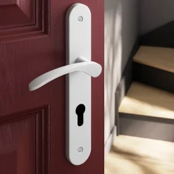 GoodHome Poignée De Porte<Ensemble poignée sur plaque rondcylindre Beare mat blanc L.110.5mm x l.40mm entraxe 195mm