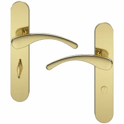 GoodHome Poignée De Porte<Ensemble poignée sur plaque rond à condamnation Ruis effet laiton doré L.138.5mm x l.42mm entraxe 165-195mm