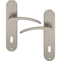 GoodHome Poignée De Porte<Ensemble poignée sur plaque rond serrure Beare effet nickel satin gris L.110.5mm x l.40mm entraxe 165mm