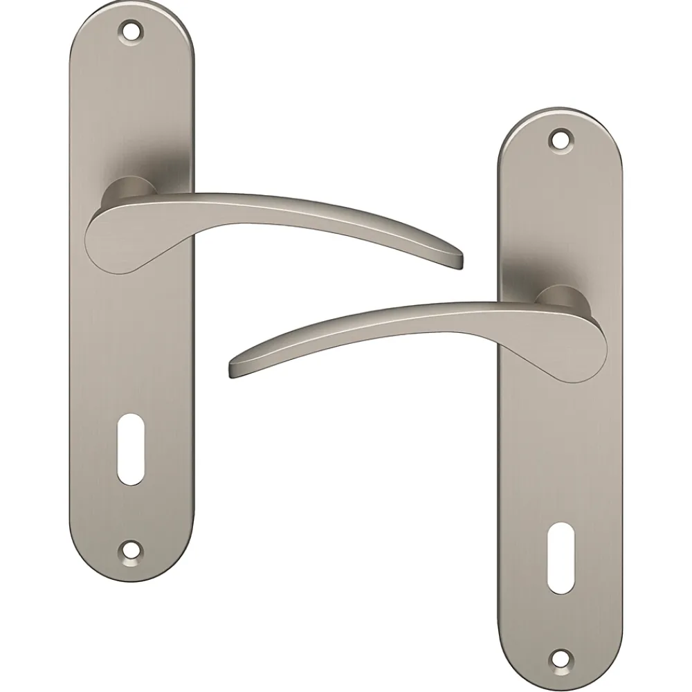 GoodHome Poignée De Porte<Ensemble poignée sur plaque rond serrure Beare effet nickel satin gris L.110.5mm x l.40mm entraxe 165mm