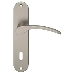 GoodHome Poignée De Porte<Ensemble poignée sur plaque rond serrure Beare effet nickel satin gris L.110.5mm x l.40mm entraxe 165mm