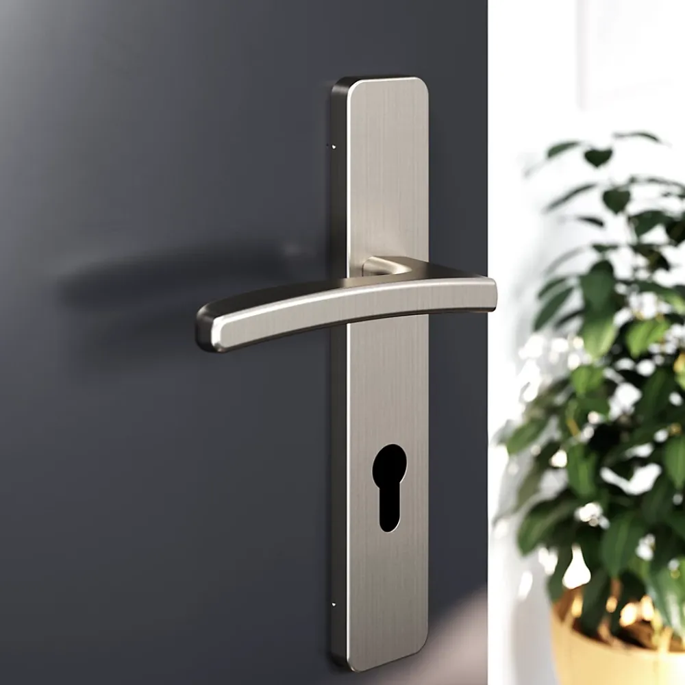 GoodHome Poignée De Porte<Ensemble poignée sur plaque rectangulairecylindre Irvil effet nickel satin gris L.126.5mm x l.42mm entraxe 165-195mm