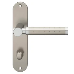 GoodHome Poignée De Porte<Ensemble poignée sur plaque rond à condamnation Brigg effet chrome et nickel satin gris L.132mm x l.40mm entraxe 165mm