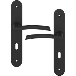 GoodHome Poignée De Porte<Ensemble poignée sur plaque rond serrure Hirel effet nickel mat noir L.128mm x l.40mm entraxe 195mm