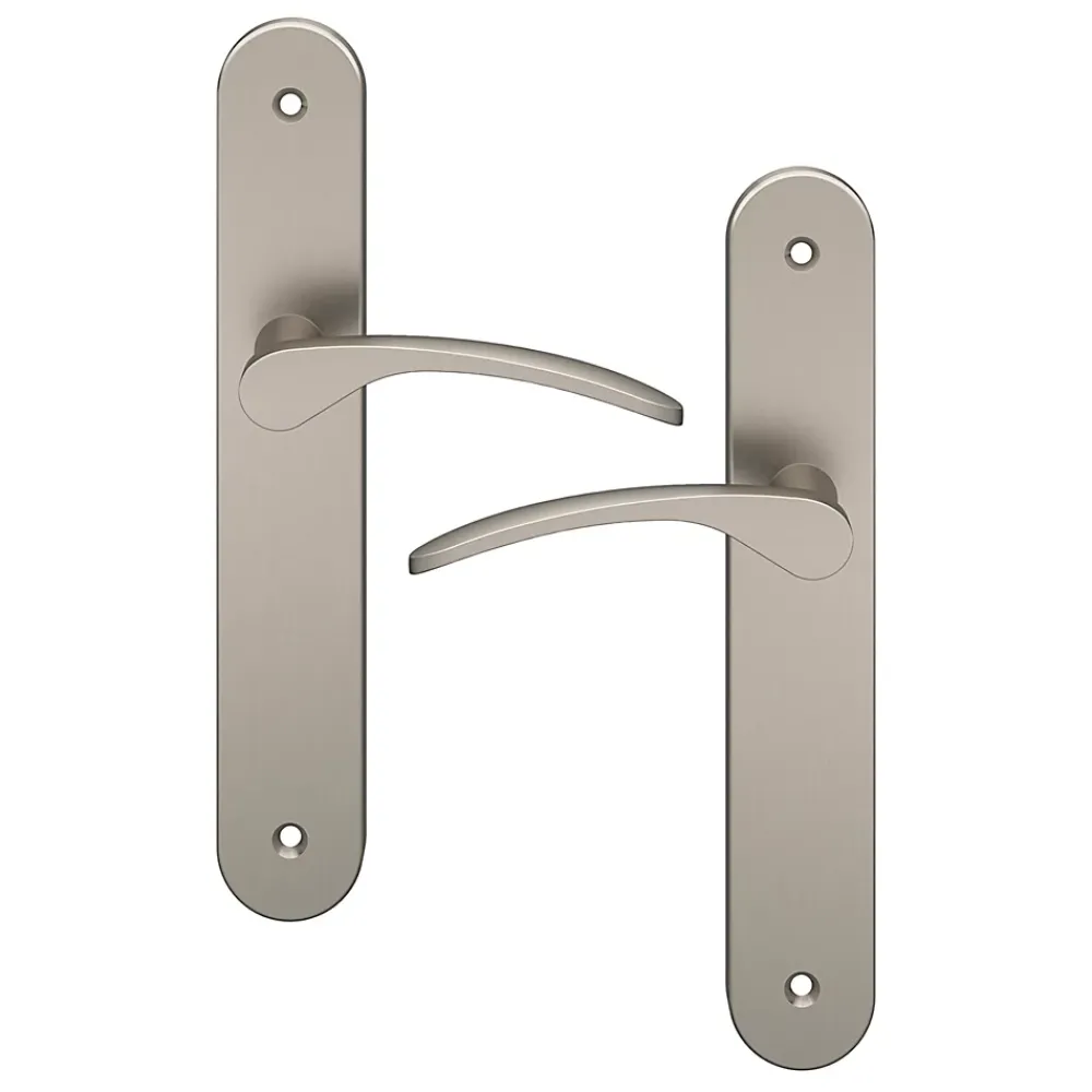 GoodHome Poignée De Porte<Ensemble poignée sur plaque rond Beare effet nickel satin gris L.110.5mm x l.40mm entraxe 195mm