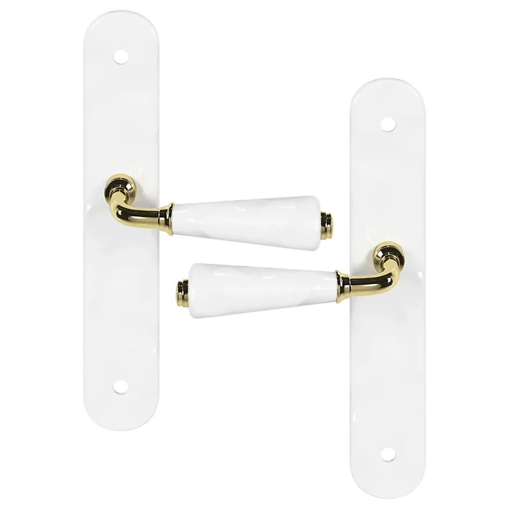 GoodHome Poignée De Porte<Ensemble poignée sur plaque Droit Porcelaine Vras blanc L.115mm x l.45mm entraxe 195mm
