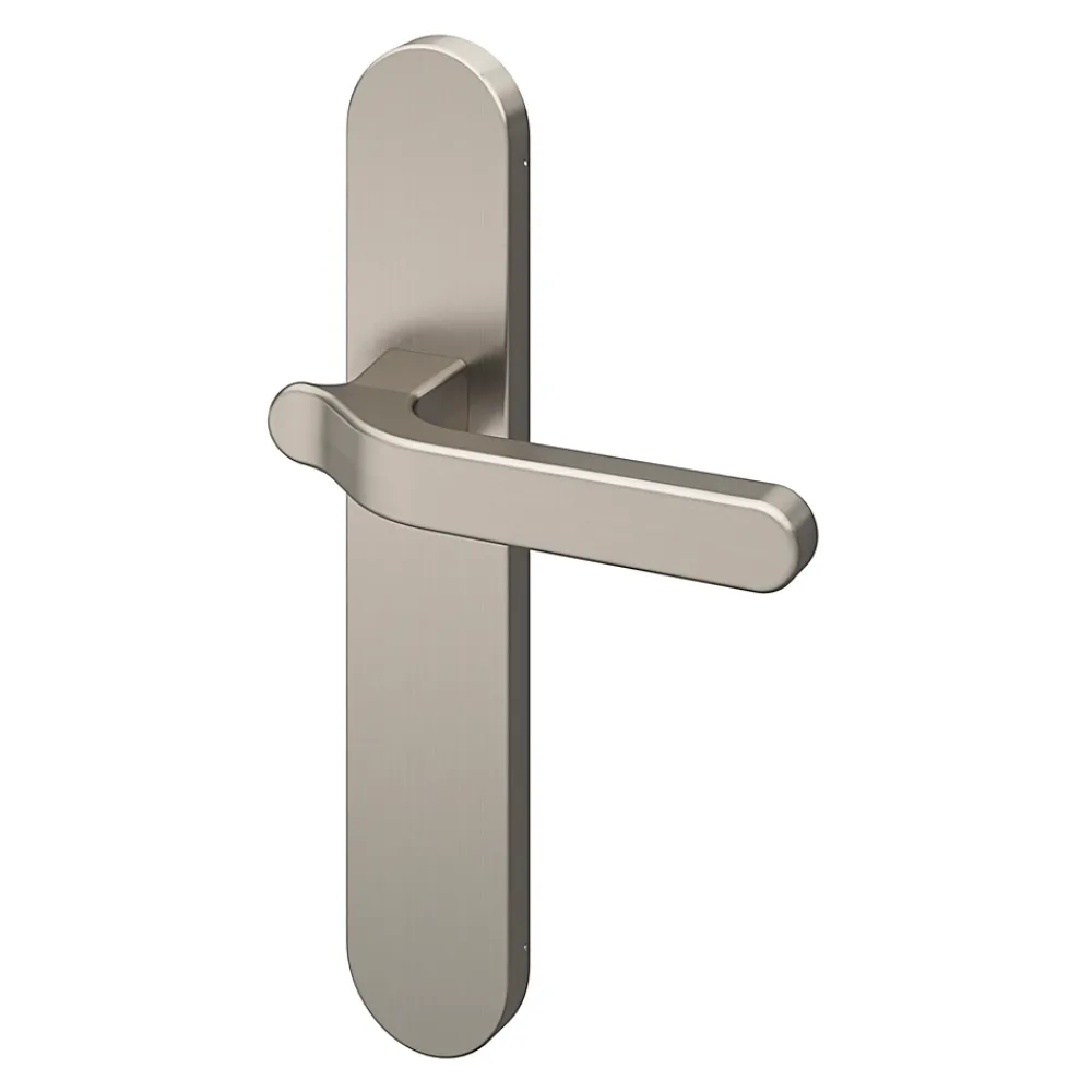 GoodHome Ensemble poignée sur plaque rond Prat effet nickel satin gris L.129mm x l.42mm entraxe 165-195mm- Poignée De Porte