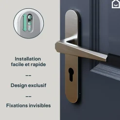 GoodHome Poignée De Porte<Ensemble poignée sur plaque rondcylindre Keri effet nickel satin gris L.140mm x l.42mm entraxe 165-195mm