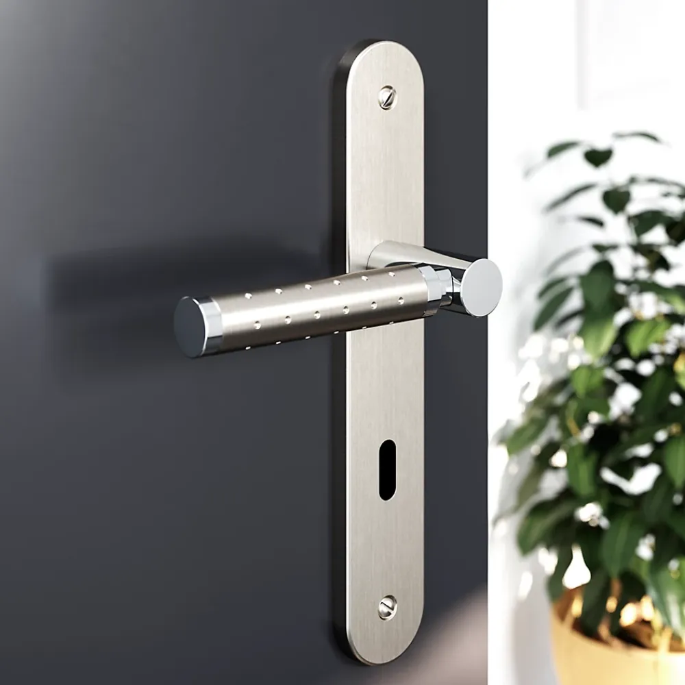 GoodHome Ensemble poignée sur plaque rond serrure Brigg effet chrome et nickel satin gris L.132mm x l.40mm entraxe 195mm- Poignée De Porte