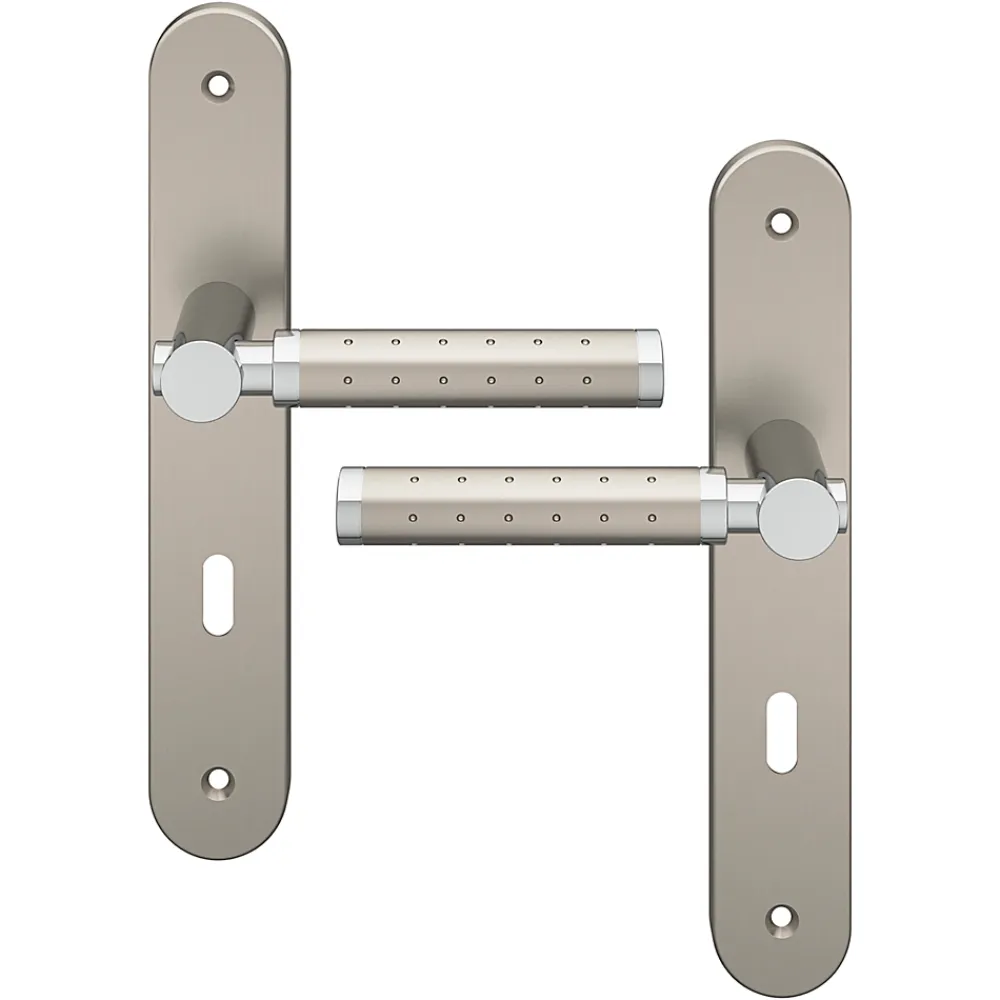 GoodHome Ensemble poignée sur plaque rond serrure Brigg effet chrome et nickel satin gris L.132mm x l.40mm entraxe 195mm- Poignée De Porte