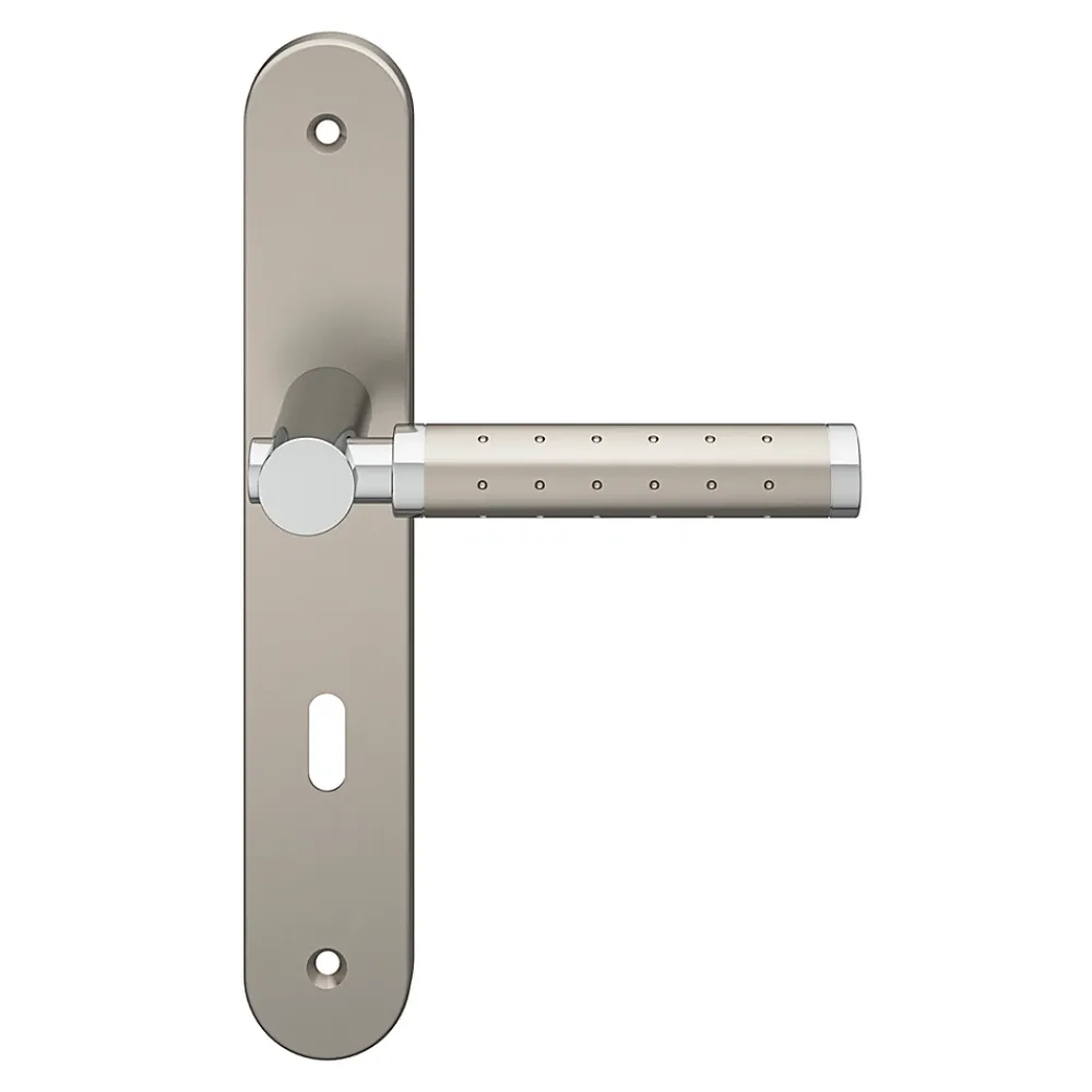 GoodHome Ensemble poignée sur plaque rond serrure Brigg effet chrome et nickel satin gris L.132mm x l.40mm entraxe 195mm- Poignée De Porte