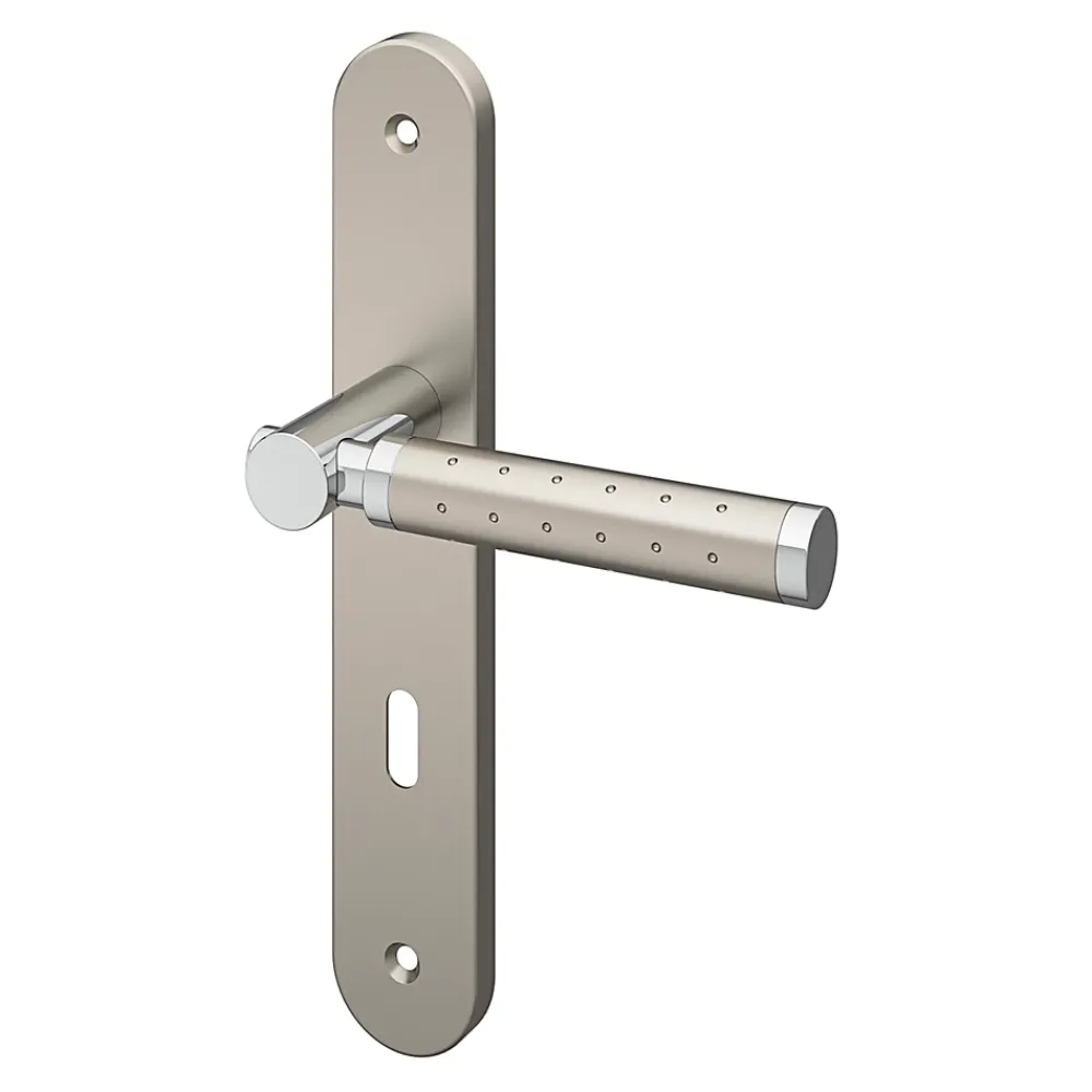 GoodHome Ensemble poignée sur plaque rond serrure Brigg effet chrome et nickel satin gris L.132mm x l.40mm entraxe 195mm- Poignée De Porte