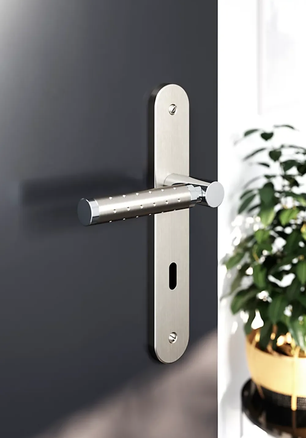 GoodHome Ensemble poignée sur plaque rond serrure Brigg effet chrome et nickel satin gris L.132mm x l.40mm entraxe 195mm- Poignée De Porte