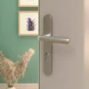 GoodHome Poignée De Porte Extérieure<Ensemble poignée sur plaque rond Dizel effet nickel satin gris L.121.5mm x l.33mm entraxe 195mm
