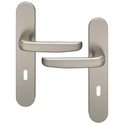 GoodHome Ensemble poignée sur plaque rond serrure Govlin effet nickel satin gris L.130mm x l.42mm entraxe 165-195mm- Poignée De Porte