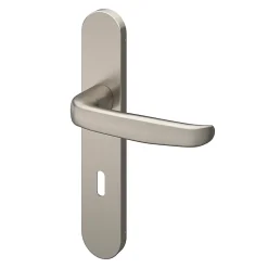 GoodHome Ensemble poignée sur plaque rond serrure Govlin effet nickel satin gris L.130mm x l.42mm entraxe 165-195mm- Poignée De Porte
