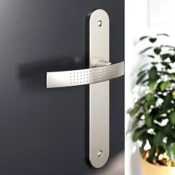 GoodHome Poignée De Porte<Ensemble poignée sur plaque rond Diss effet nickel satin gris L.139mm x l.40mm entraxe 195mm