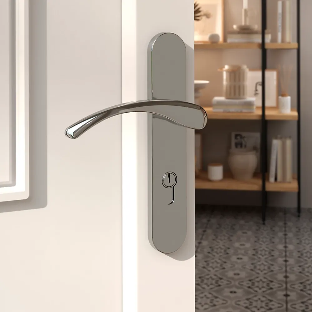 GoodHome Poignée De Porte Extérieure<Ensemble poignée sur plaque rond Ruis effet chromé gris L.138.5mm x l.40mm entraxe 195mm