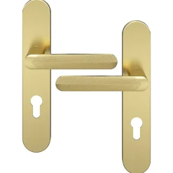 GoodHome Poignée De Porte<Ensemble poignée sur plaque rondcylindre Garlan effet laiton satin doré L.125mm x l.42mm entraxe 165-195mm