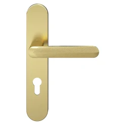 GoodHome Poignée De Porte<Ensemble poignée sur plaque rondcylindre Garlan effet laiton satin doré L.125mm x l.42mm entraxe 165-195mm