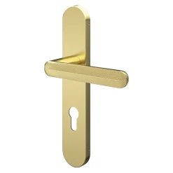GoodHome Poignée De Porte<Ensemble poignée sur plaque rondcylindre Garlan effet laiton satin doré L.125mm x l.42mm entraxe 165-195mm