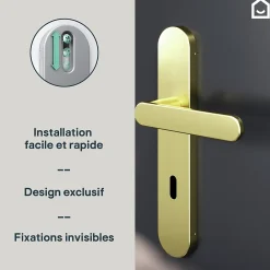 GoodHome Ensemble poignée sur plaque rond serrure Minzh effet laiton satin doré L.120mm x l.42mm entraxe 165-195mm- Poignée De Porte