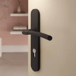 GoodHome Poignée De Porte Extérieure<Ensemble poignée sur plaque rond Hirel effet nickel noir L.128mm x l.40mm entraxe 195mm