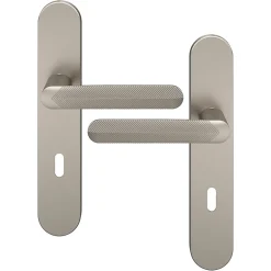 GoodHome Ensemble poignée sur plaque rond serrure Garlan effet nickel satin gris L.125mm x l.42mm entraxe 165-195mm- Poignée De Porte