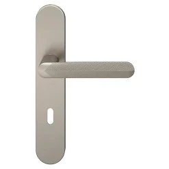 GoodHome Ensemble poignée sur plaque rond serrure Garlan effet nickel satin gris L.125mm x l.42mm entraxe 165-195mm- Poignée De Porte